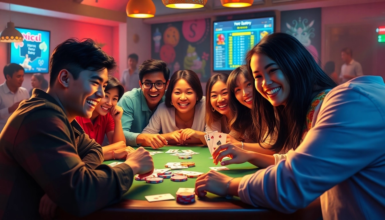 Excited players enjoying Yono Rummy at a vibrant gathering with cards and chips.