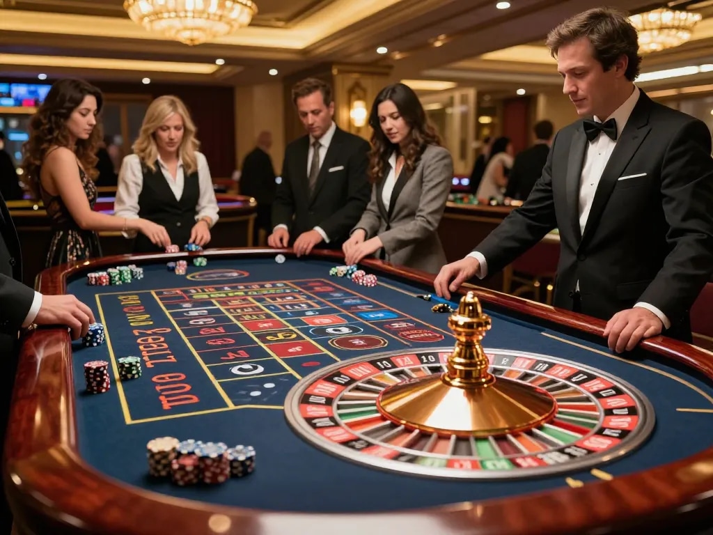 Exciting roulette table action at F8BET casino with players eagerly placing bets.
