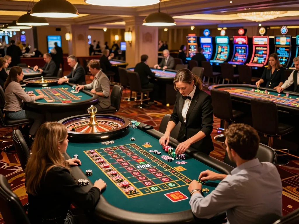 Players enjoying the excitement of roulette at 98win's luxurious casino floor