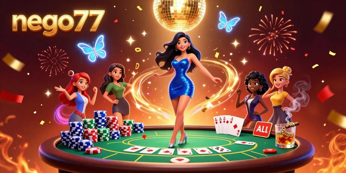 Nego77 showcases a glamorous woman among poker elements, celebrating big wins with vibrant visuals.