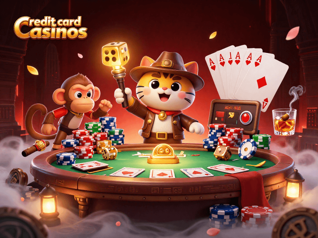 Explore top credit card casinos in a rich 3D scene showcasing poker and vibrant gaming elements.