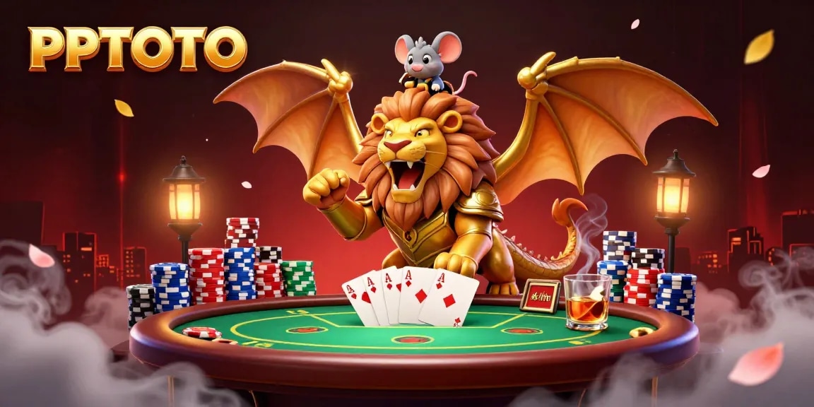 PPTOTO menampilkan suasana kasino yang vibrant dengan chimera bersenjata, elemen poker, dan joki tikus.