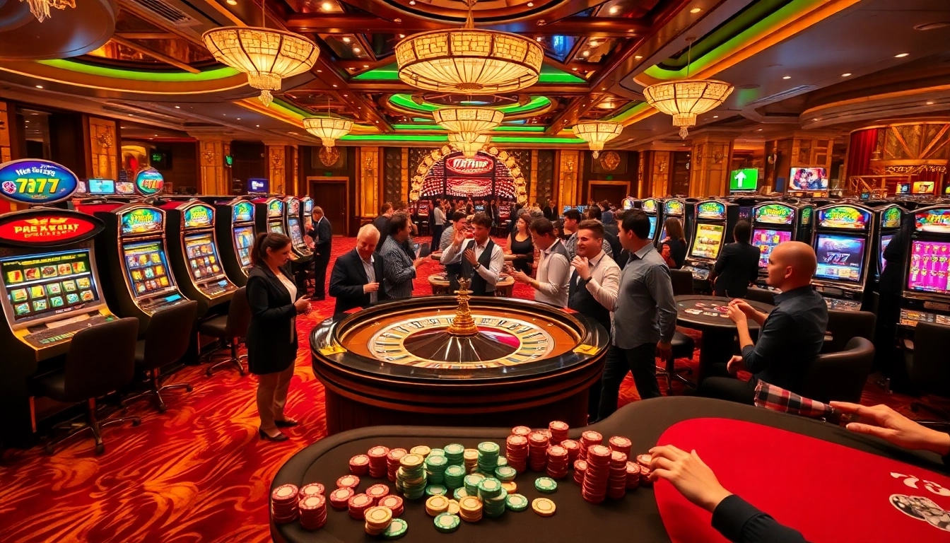 Engaging casino scene showcasing excitement at 7C77 with vibrant roulette and slot machines.