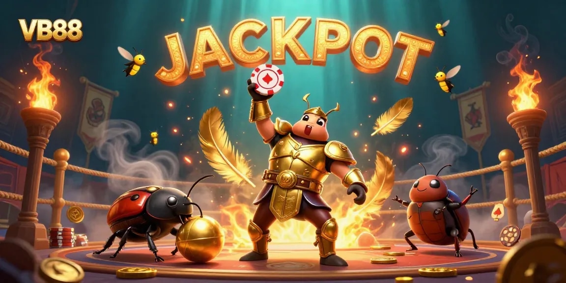 Experience the thrill of VB88 with a triumphant beetle champion in a vibrant casino arena.
