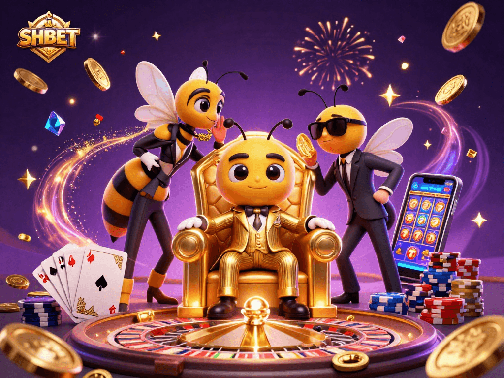Engage with SHBET's dynamic casino world, featuring animated characters among thrilling gambling elements.