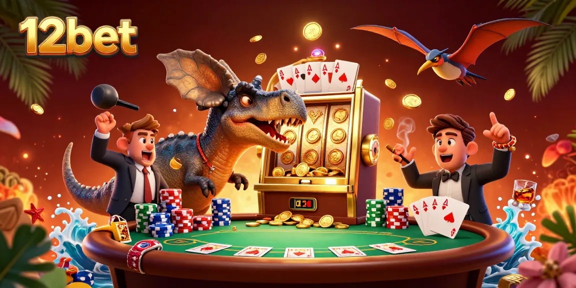 Máy đánh bạc 12bet đang được kích hoạt bởi một cái đầu pachycephalosaurus, với những đồng xu vàng bay lượn xung quanh.