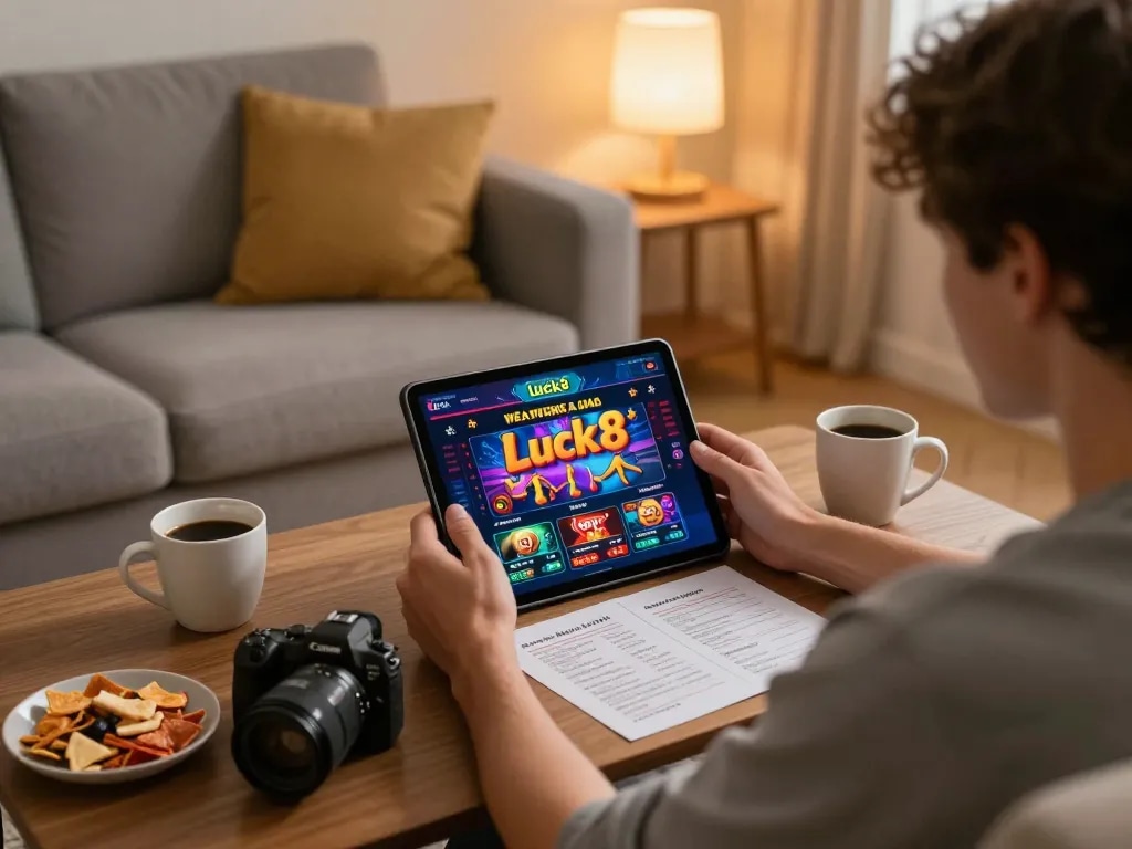 Player uses Luck8 on tablet in cozy living room for strategic online gambling.