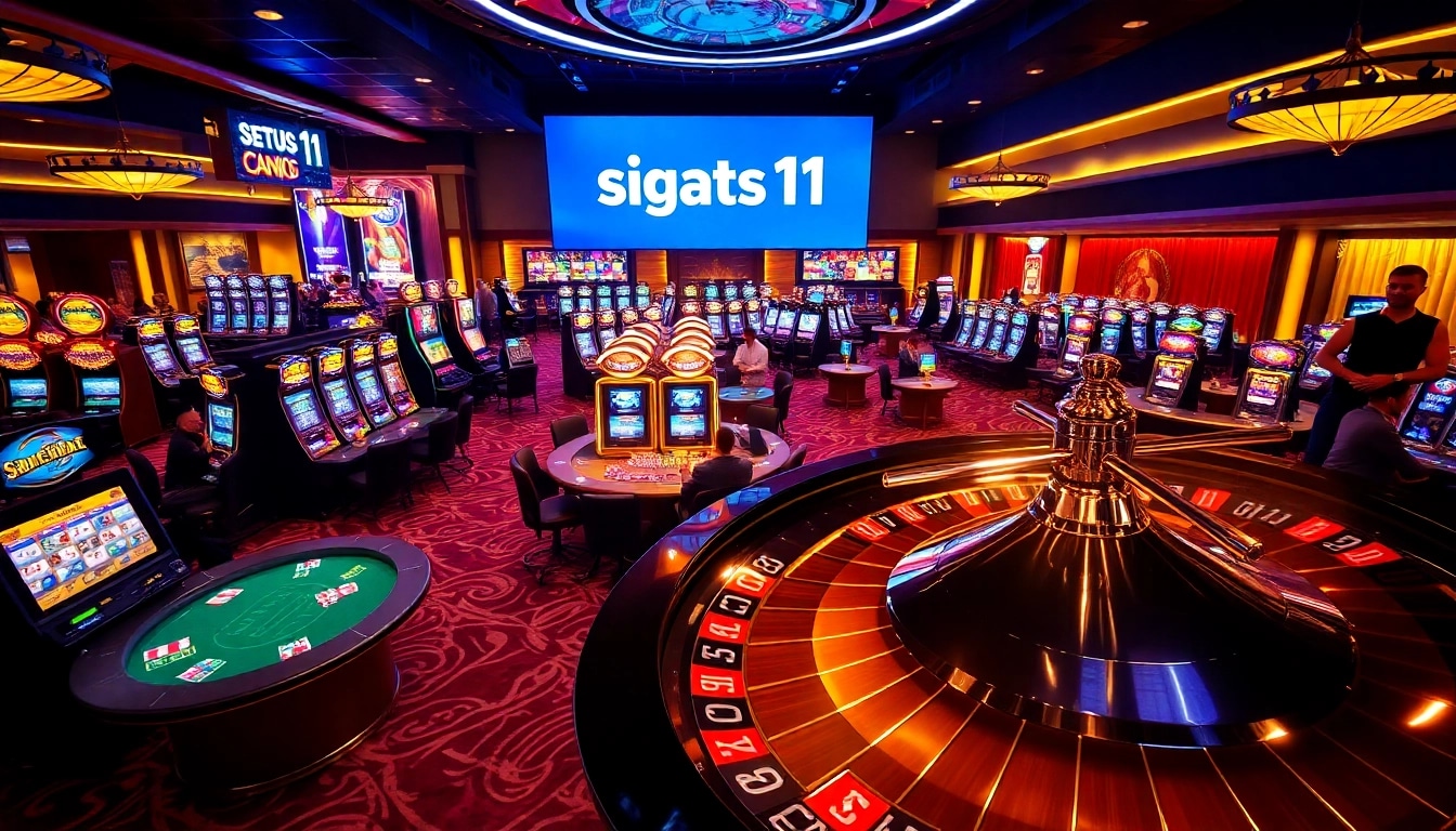 Players enjoying vibrant games at situs11 casino, featuring slot machines and poker tables.