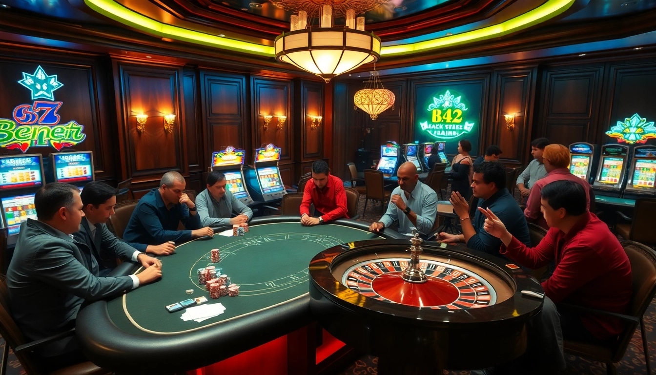 Experience the excitement of a B52-themed poker night with players and vibrant casino elements.