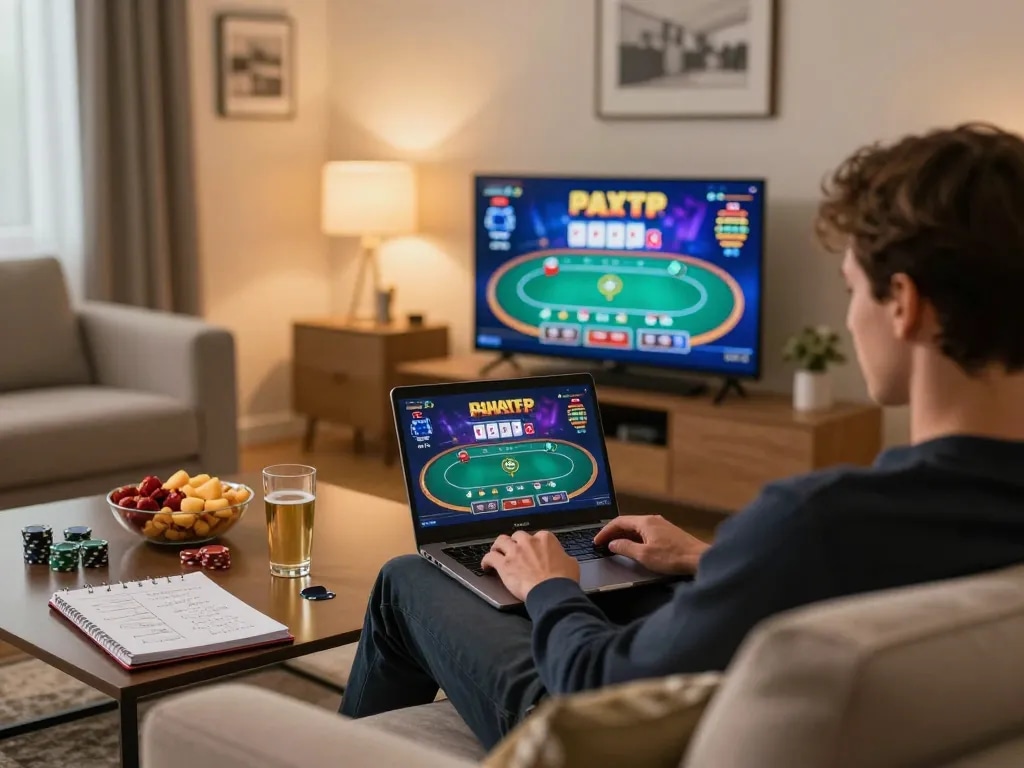 Engaged player enjoying an online crypto casino experience on laptop in cozy living room.