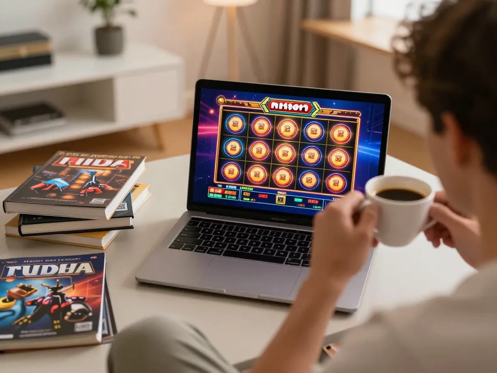 Player enjoying n188's online slot games on their laptop from a cozy home setting