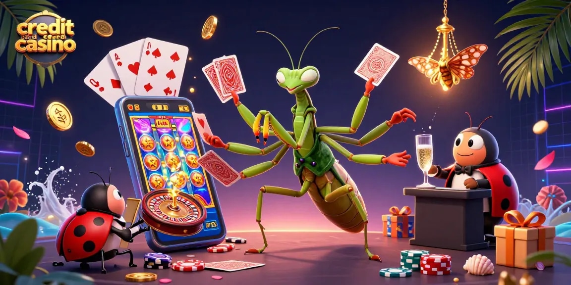 Engage in a credit card casino experience featuring a card-sharp mantis and ladybug pit boss.