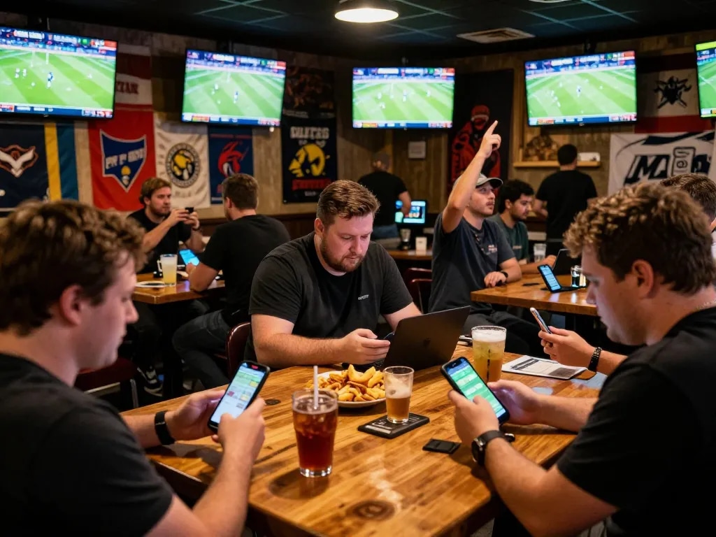 Patrons engaging in sports betting using nddo platforms at a lively sports bar