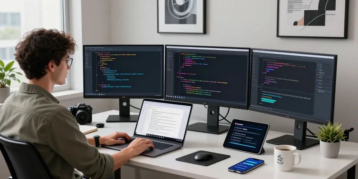 Kobold AI developer workspace with multiple monitors showcasing AI code snippets for enhanced conversation capabilities.