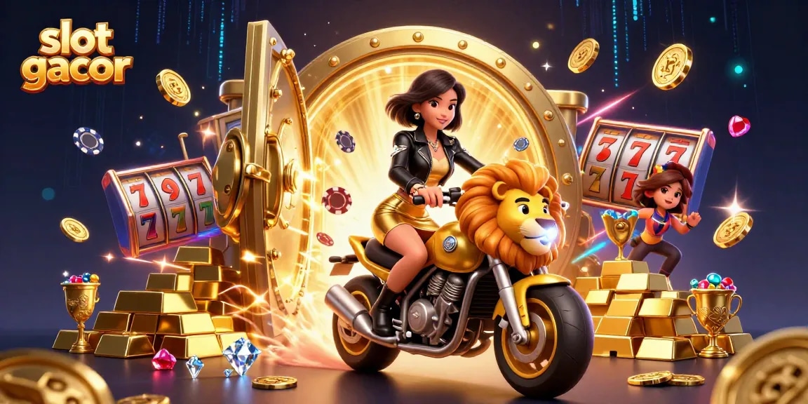 Engage with slot gacor action in a dazzling scene filled with treasures and vibrant casino elements.