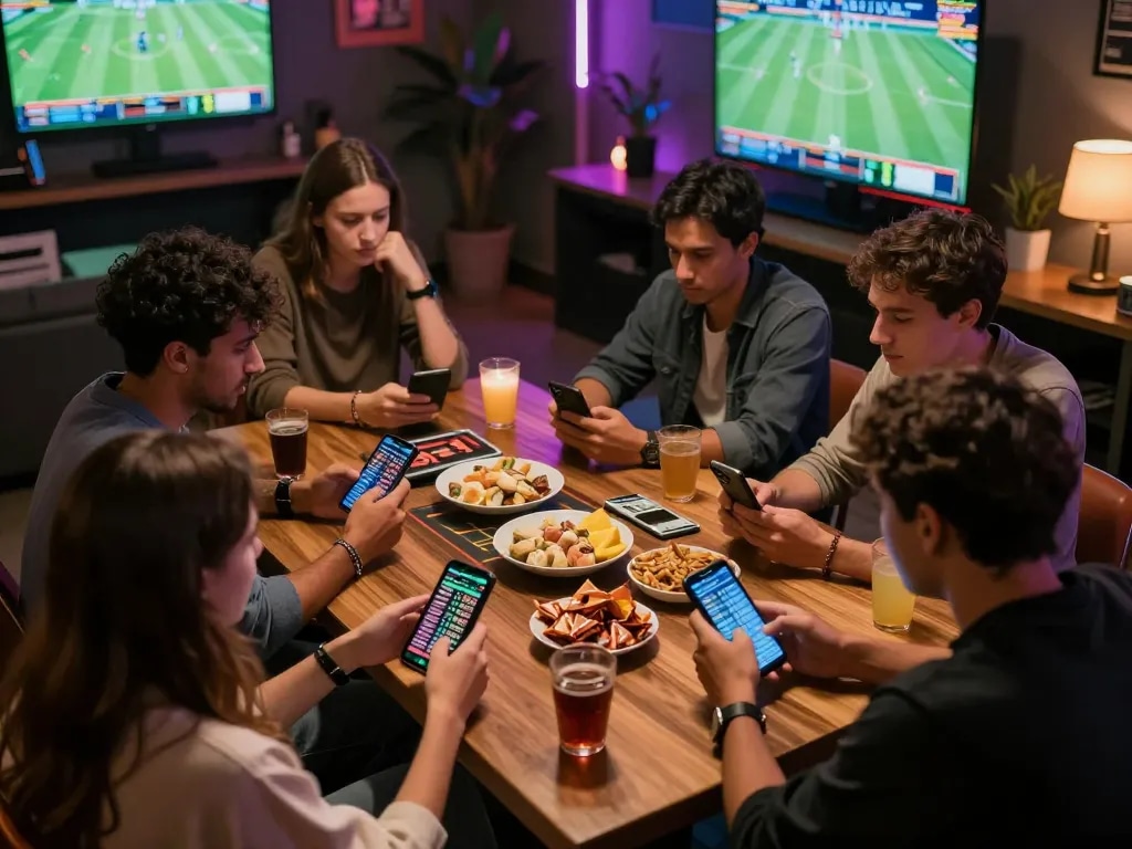 Engaged friends discussing kèo bóng đá hôm nay while checking betting odds on smartphones at a lively sports betting night.
