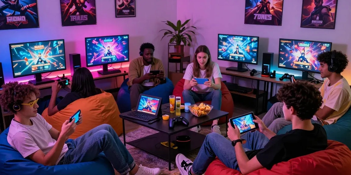 Group enjoying free mobile porn games online, showcasing vibrant screens and cozy atmosphere.