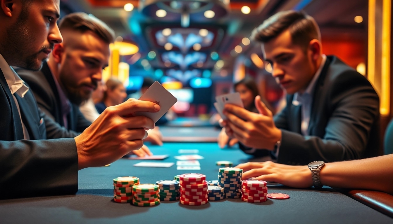 Experience excitement during a Poker Game at a casino table with intense players and colorful chips.