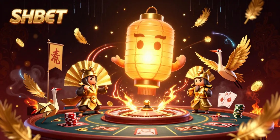 Bet on SHBET with a vibrant 3D casino illustration highlighting golden lantern spirit and interactive game elements.