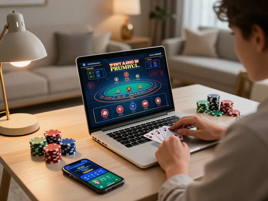 Engaged player navigating MM88 blackjack game on sleek laptop, showcasing strategic gaming experience.