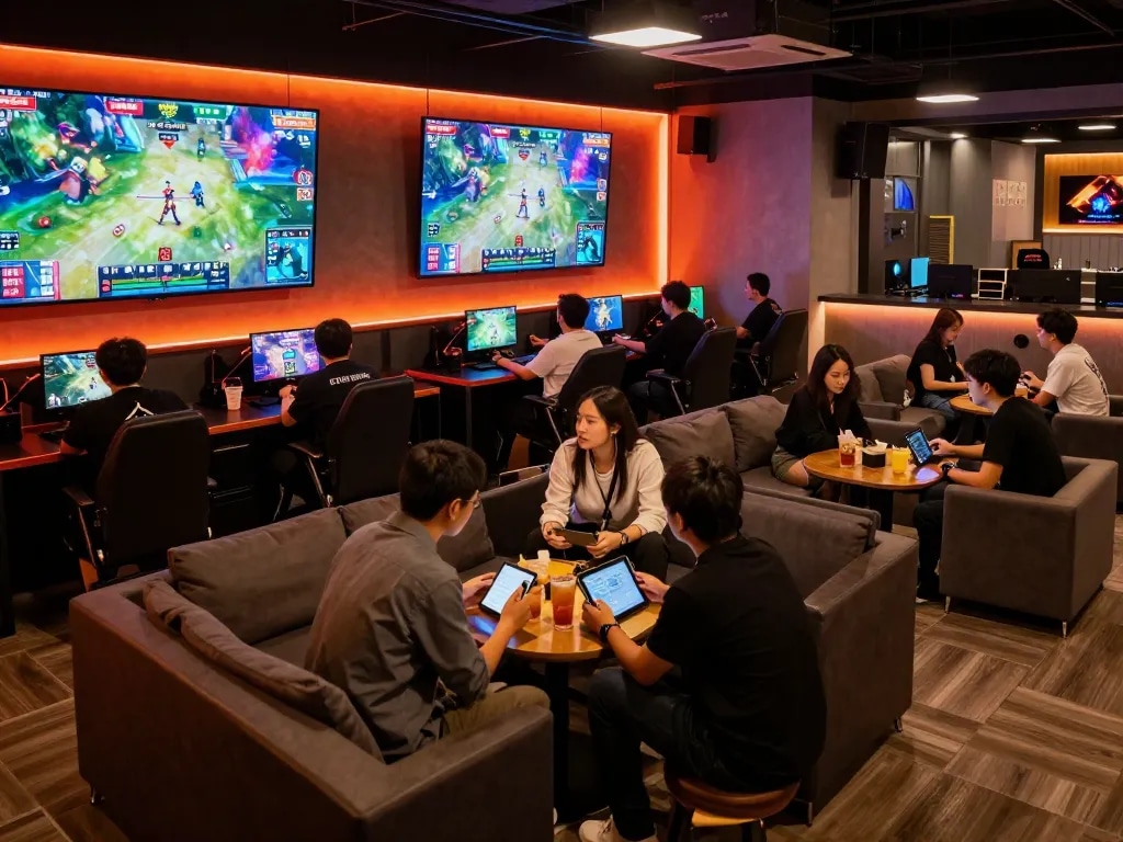 Gamers engaged in strategic bets at the tr88 club esports lounge, vibrant screens displaying matches, lively atmosphere
