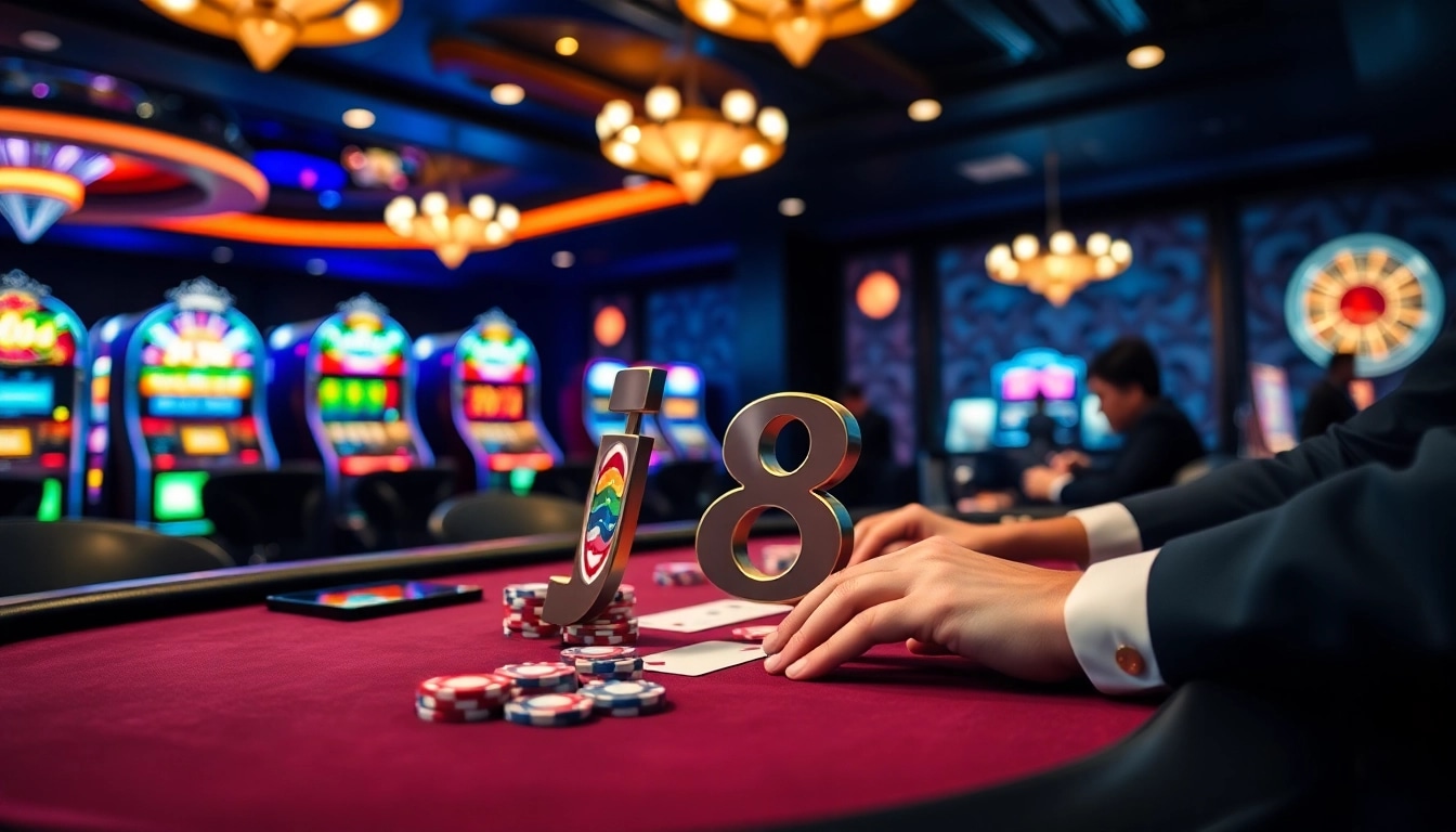 Players strategizing at a j88 poker table under warm lights in a vibrant casino.