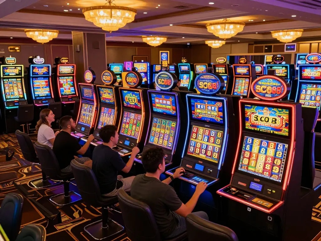 Players celebrating a win while engaging with colorful SC88 slot machines in a lively casino.
