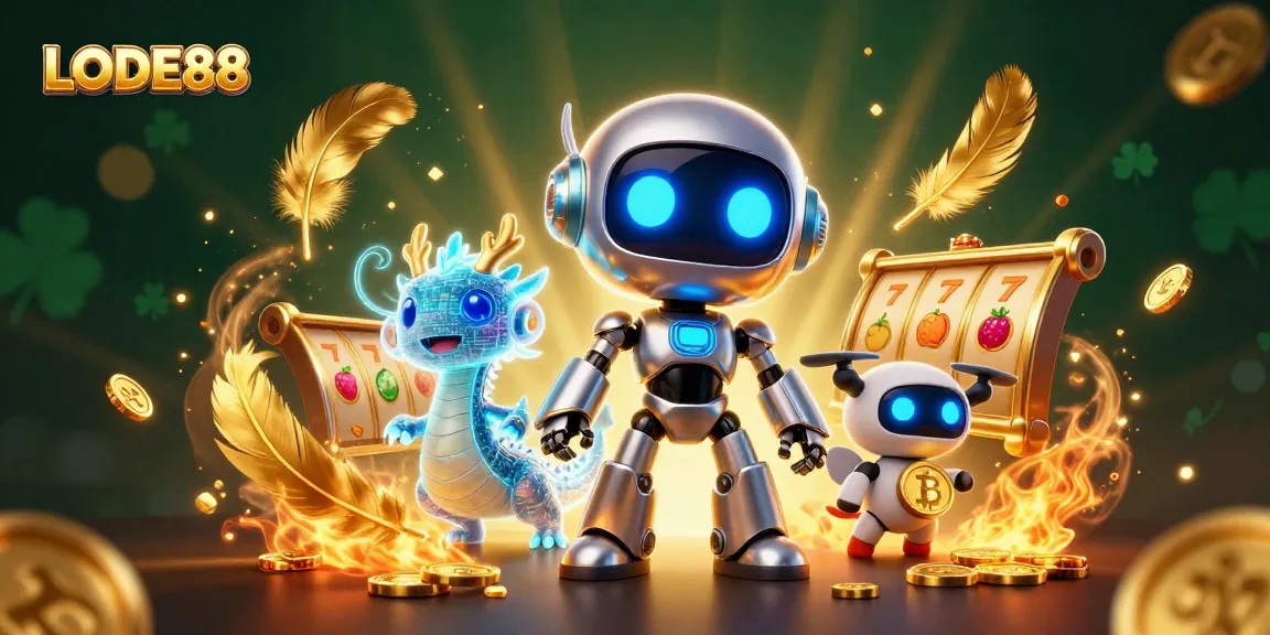 Engage with LODE88's vibrant casino atmosphere showcasing a cyberpunk robot and bitcoin drone amidst dynamic game elements.