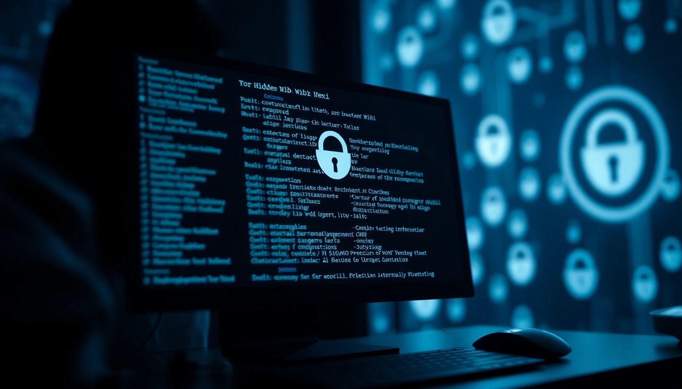 The Hidden Wiki secure directory showcasing dark web .onion links with a focus on privacy and security.