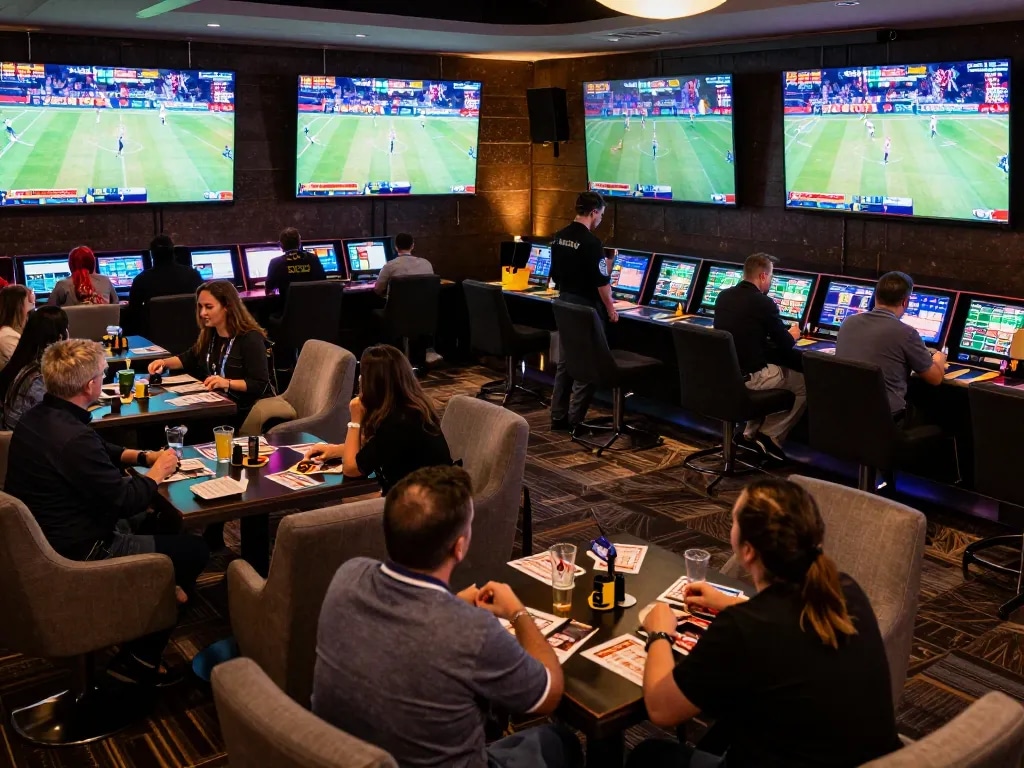 Engaged patrons placing bets in a vibrant sports betting lounge, capturing the excitement found at the website smartcityhostels.