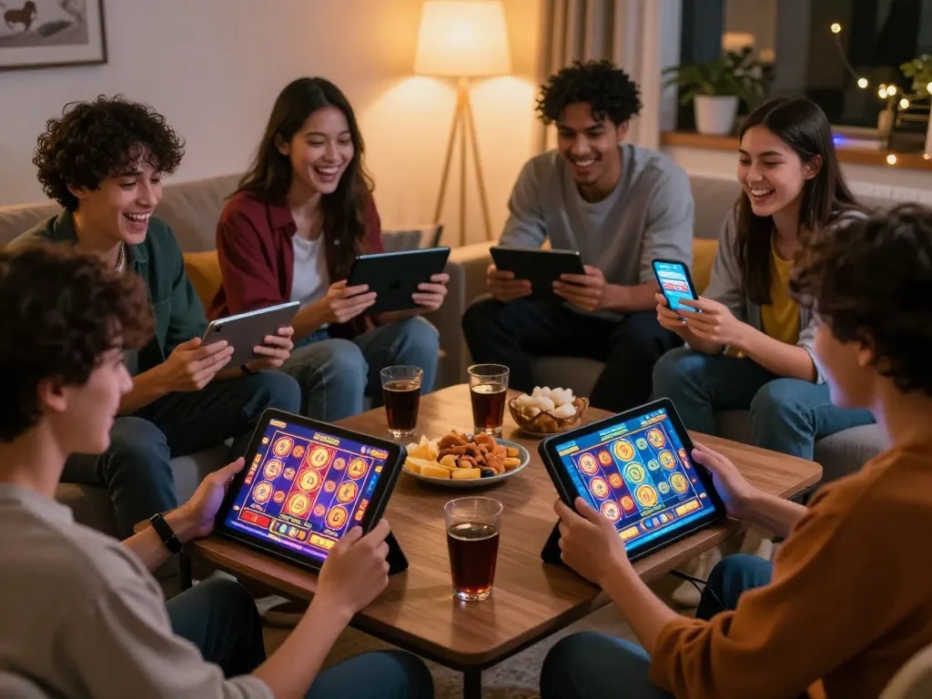 Friends enjoying a gaming night with SpinAdvisor app on tablets, featuring lively online slots.