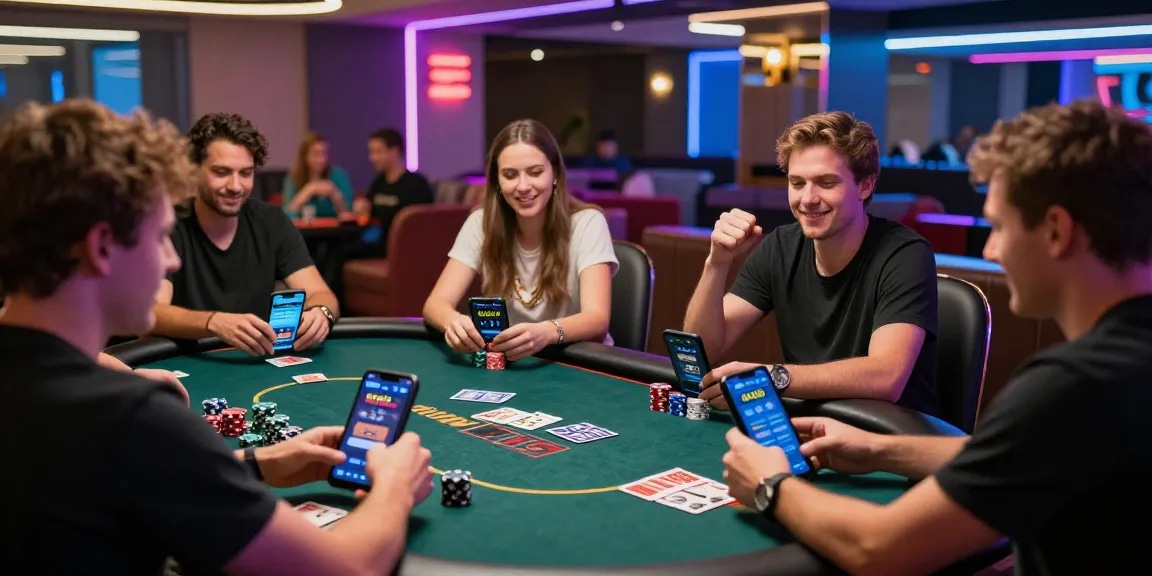 Exciting KO66 casino gaming scene with players celebrating a win on mobile devices