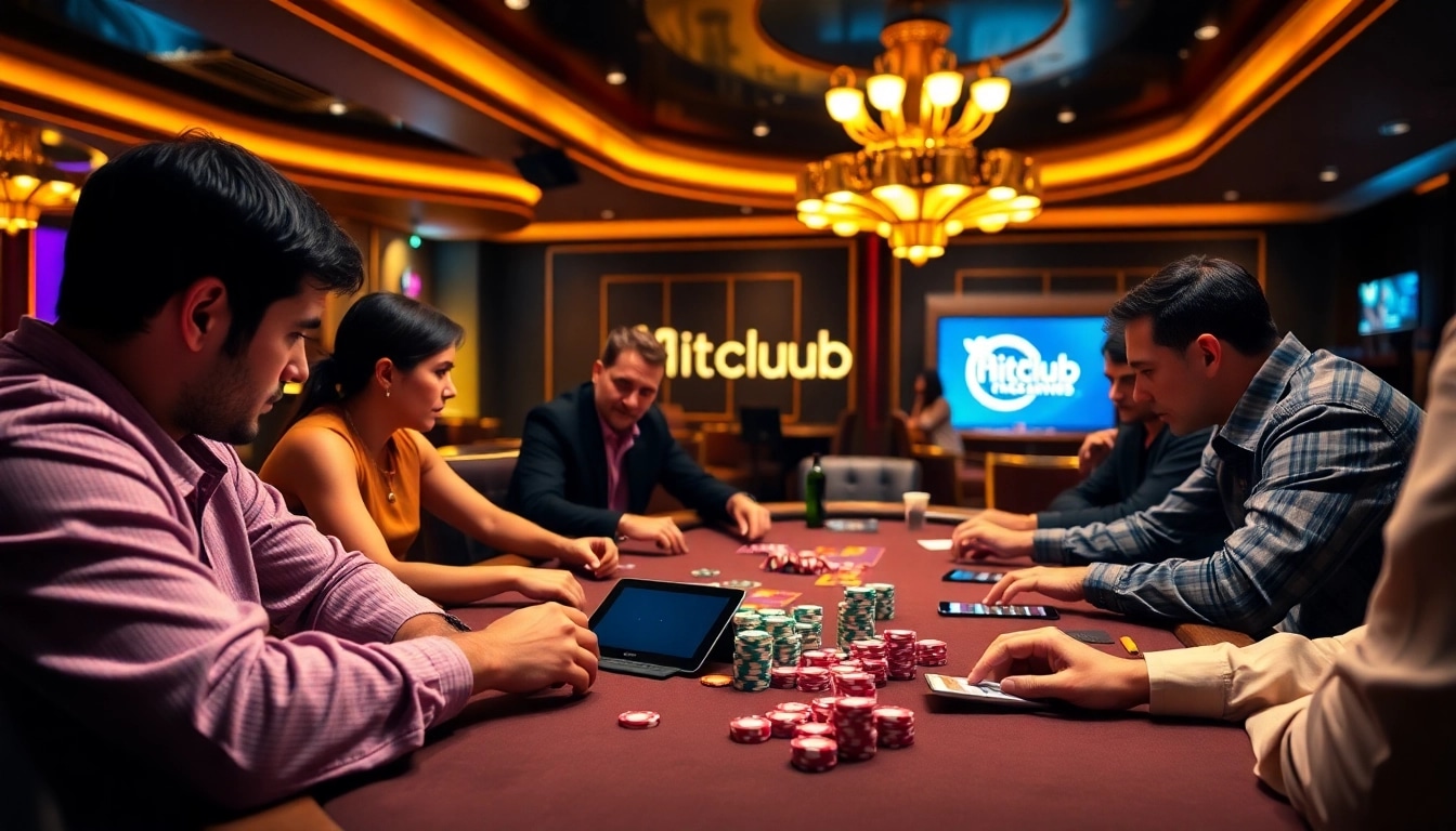 Hitclub poker players at a vibrant table showcasing high-stakes excitement and digital gaming elements.