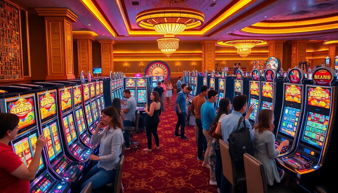 Pemain judi yang terlibat merayakan kemenangan di mesin slot yang berwarna-warni dalam suasana kasino yang mewah.