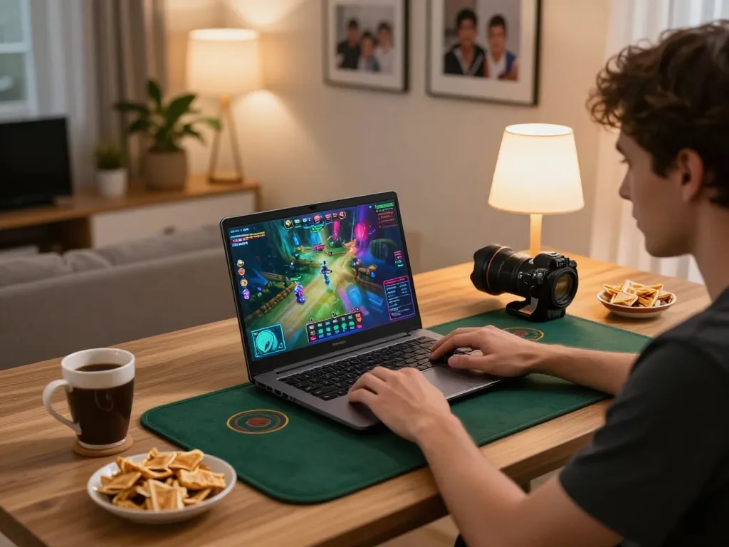 Engaging in online gambling with hm 88 at home, showcasing a cozy gaming setup with colorful interface and snacks.