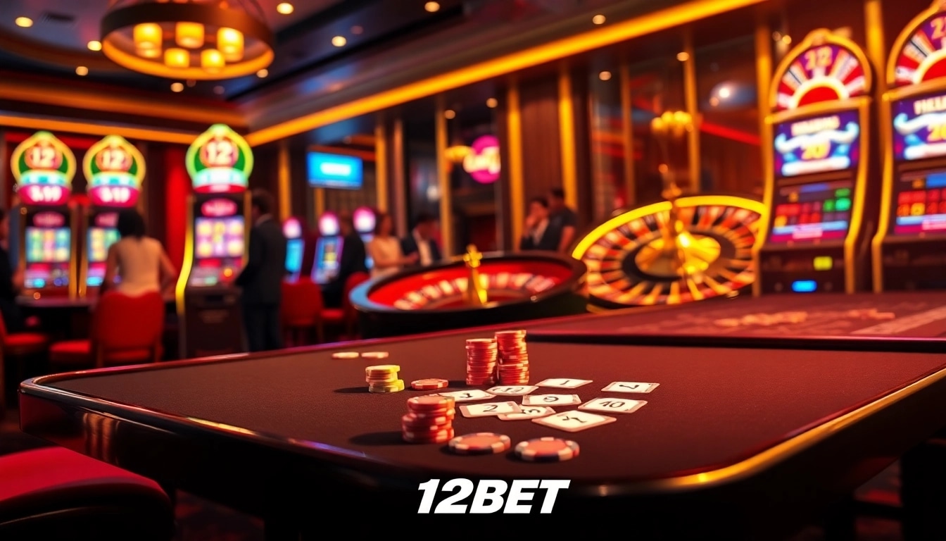 Experience the excitement of gambling with 12BET's elegant casino scene filled with vibrant tables and slot machines.