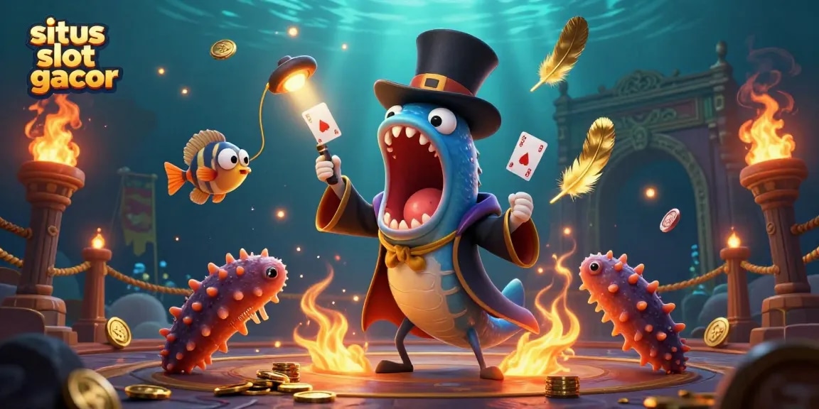 Menggali situs slot gacor dengan ilustrasi 3D kartun dari ular angler dan tokoh laut lainnya yang menampilkan momen magis kasino.