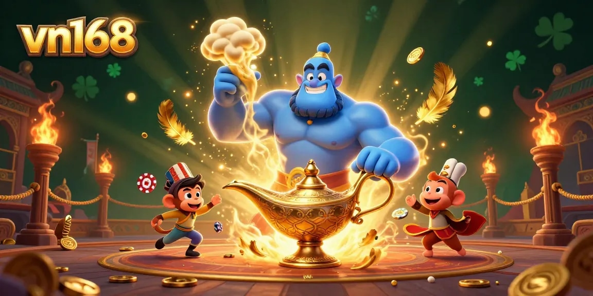 Experience thrilling games at vn168 with a vibrant depiction of a cartoon genie and poker elements.