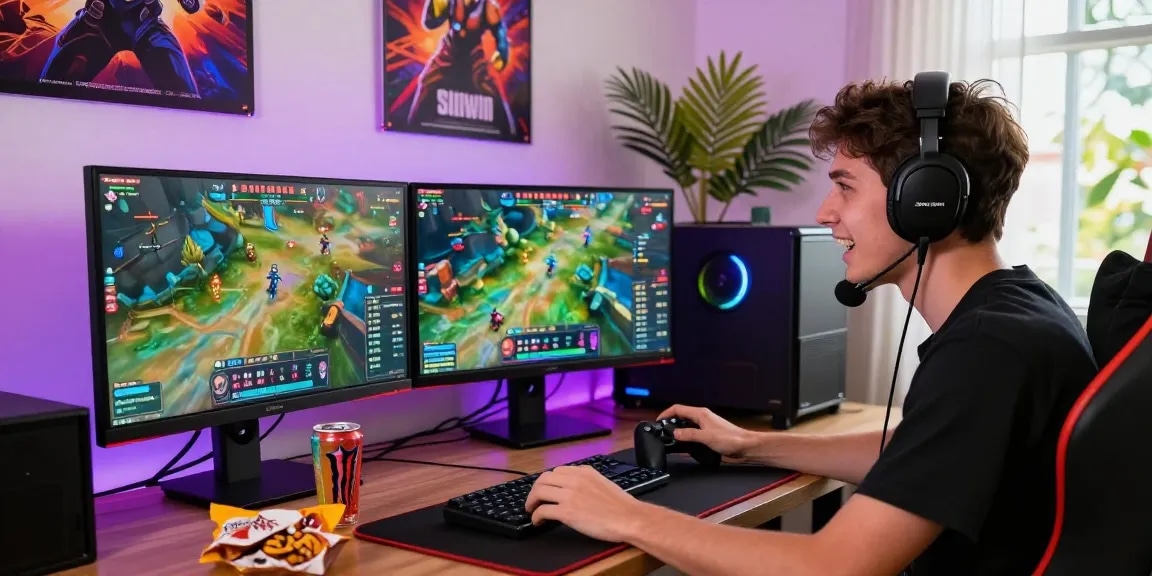 Engaging online gaming setup with sunwin games displayed on dual monitors, energetic atmosphere.