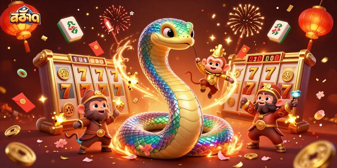 Play slot games with the enchanting สล็อต rainbow serpent and golden monkey king illustration.