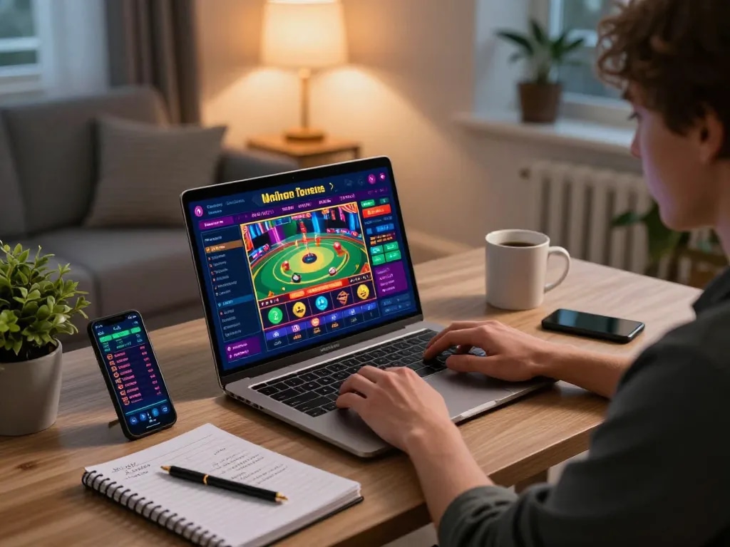 LUCKYWIN player enjoying online casino gaming on a laptop with strategies visible in a cozy room.