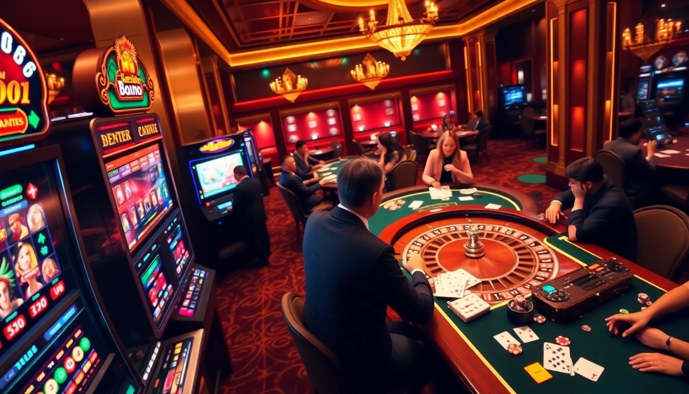 Exciting Betwin88 online casino scene with roulette wheel, slot machines, and engaged players.