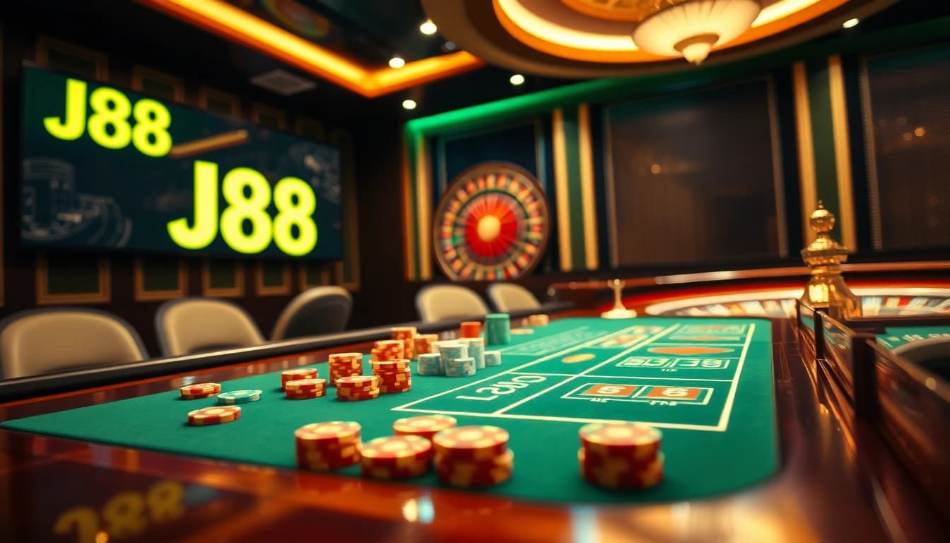 Engaging gambling scene showcasing J88 with vibrant casino elements, dealer, and poker chips.