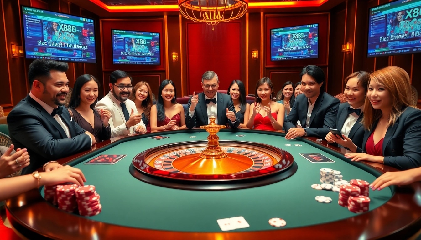 Experience the excitement of xx88 at a vibrant roulette table surrounded by enthusiastic players and luxurious decor.