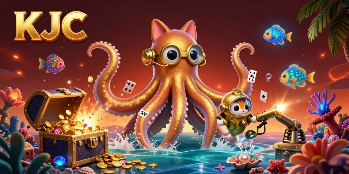 KJC promotes thrilling gambling experiences with an enchanting underwater scene featuring a kraken, diving cat, and luminous fish.