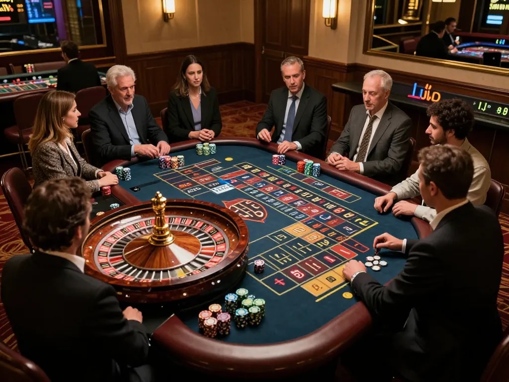 Pemain Hargatoto terlibat dalam aksi roulette yang mendebarkan, chip ditumpuk, suasana kasino yang vibrant.