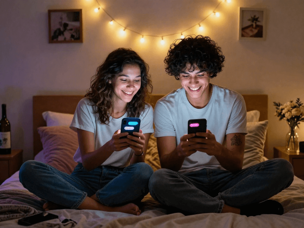 Sexting AI conversation scene with young couple on smartphones, romantic and cozy atmosphere