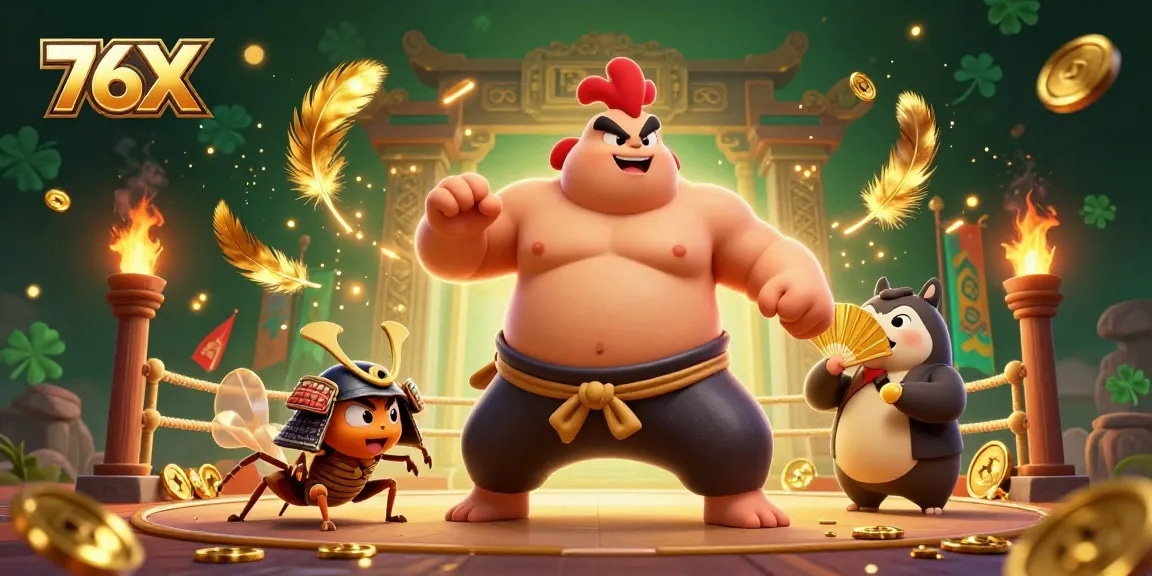 Aposte com emoção no 76X com um sumô, um grilo e um tanuki em um cenário vibrante de luta.