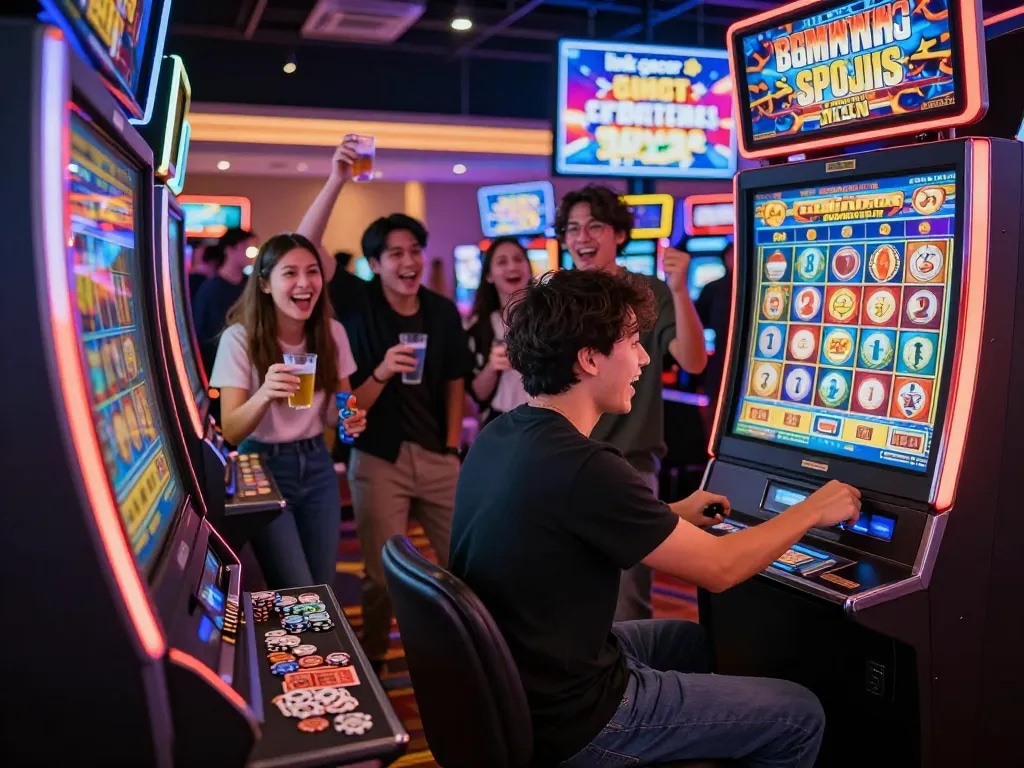Exciting casino scene illustrating link gacor slot machines in action.