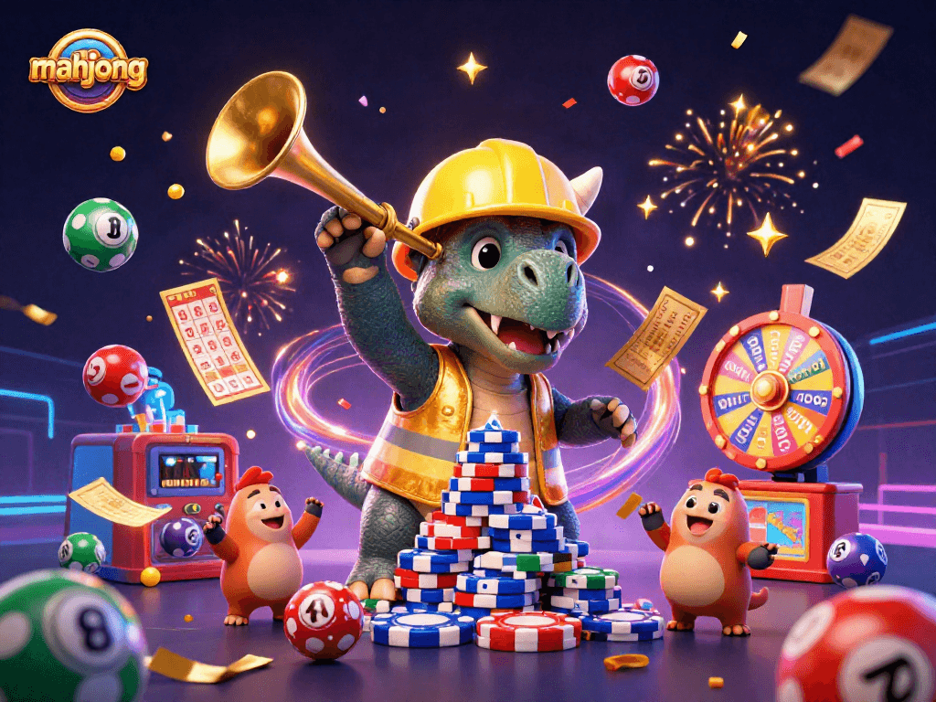Engaging mahjong illustration with vibrant lottery elements and cheerful dinosaurs celebrating.